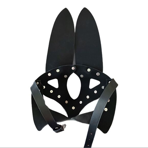 Black Leather Silver Spike Studded Bondage Mask Tall Rabbit Ears Full Facial NWT - Picture 3 of 4